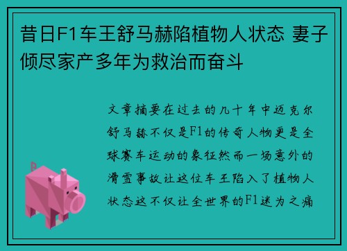 昔日F1车王舒马赫陷植物人状态 妻子倾尽家产多年为救治而奋斗 昔日F1车王舒马赫陷植物人状态 妻子倾尽家产多年为救治而奋斗