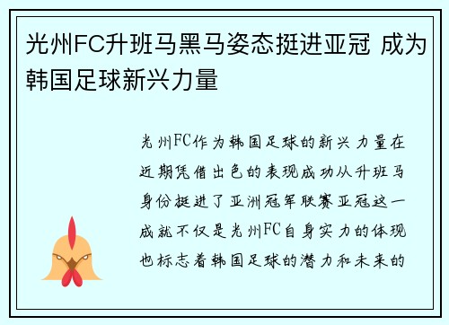 光州FC升班马黑马姿态挺进亚冠 成为韩国足球新兴力量